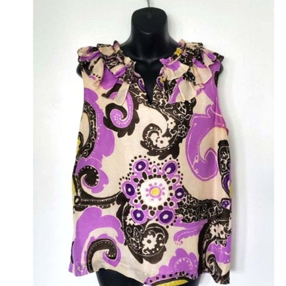 Kate Spade New York Missy Ruffle Silk Linen Paisley Top Purple Sz 12 Mod Revival